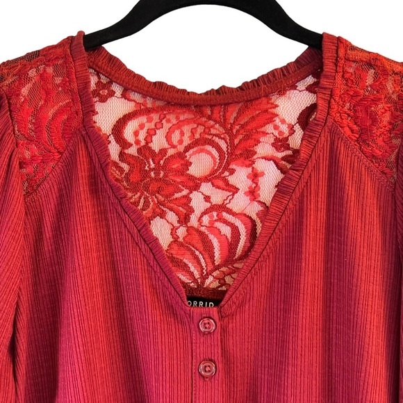 Torrid Women's Top M/L Red Babydoll Knit V-Neck Button Front Lace Peasant Sleeve - Picture 3 of 16